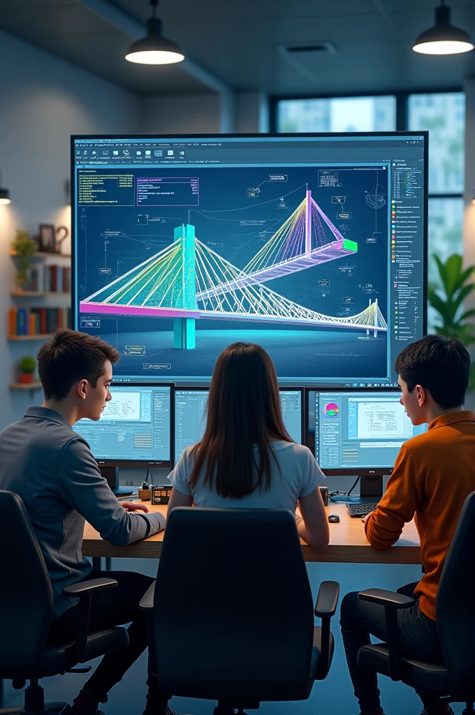 Create an image where civil engineering students use the Python program to calculate the material strength of a bridge and its cost and the Python program appears on their computer screen and a bridge appears next to it in animation.