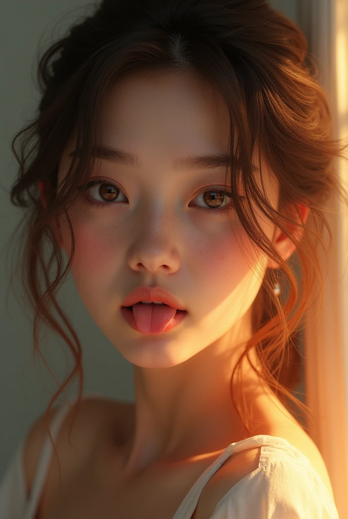 a beautiful girl with gradient light brown hair, halo, tongue out, film grain, drop shadow, (best quality,4k,8k,highres,masterpiece:1.2),ultra-detailed,(realistic,photorealistic,photo-realistic:1.37),detailed eyes,detailed lips,extremely detailed face,longeyelashes,intricate detail,dynamic pose,natural lighting,warm color palette,ethereal atmosphere