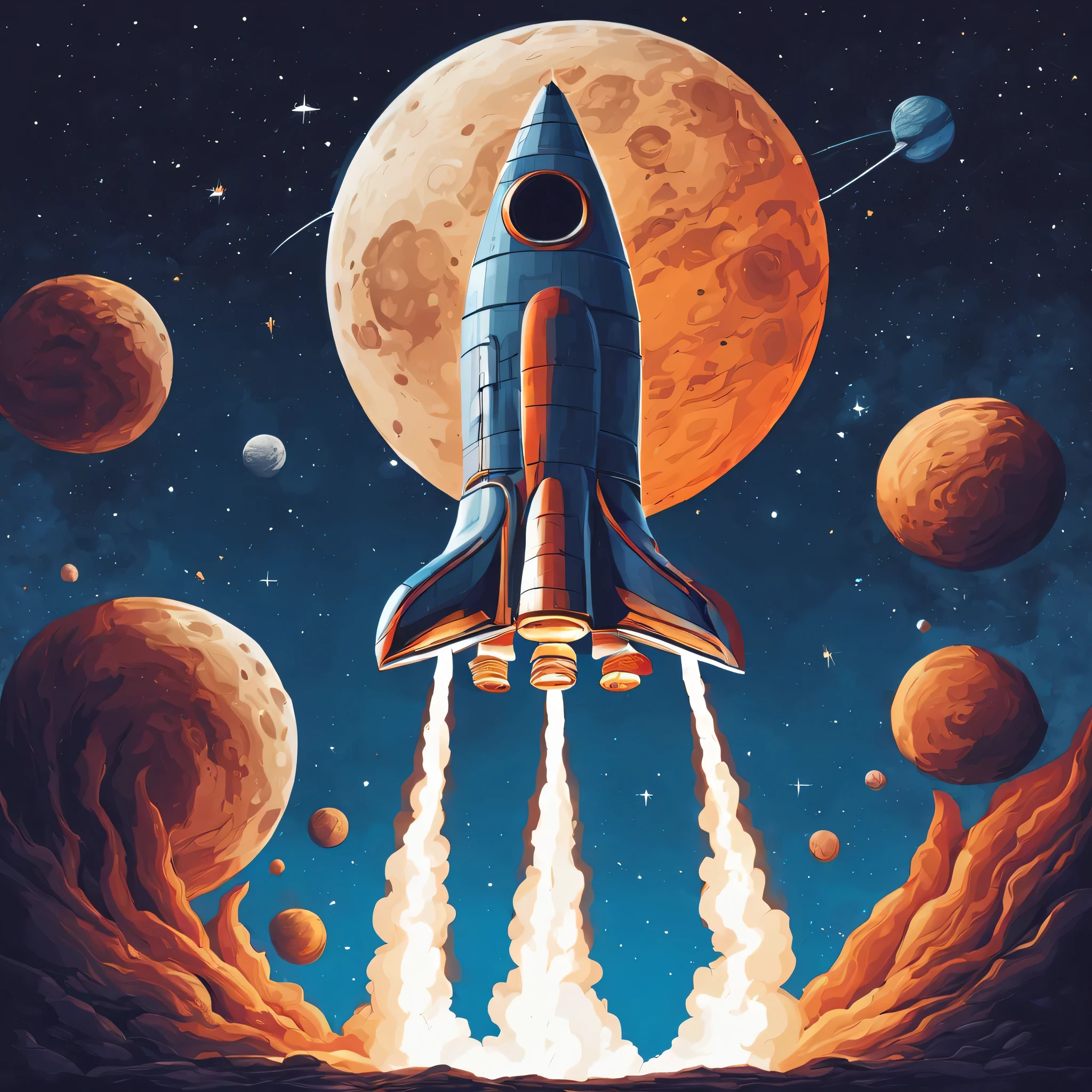 caricature,rocket heading to the moon,illustration,high qualiy,detailed rocket,work of art:1.2,ultra detali,realisitic:1.37,conceptual artists,colors,night lighting,stele,smoke trail,launch pad,Space capsule,explosion,Heavenly Bodies,planetes,futurist,cosmic perspective,adventure,Outer space,bright coloured,surrealisitic,moon surface,craters,caricaturel,space exploration,Funny face,eyes wide open,great smile,humorous,playful,exciting,Imaginative,thrilling,Energetic,motion,full of action,Creative sparks,Eccentric