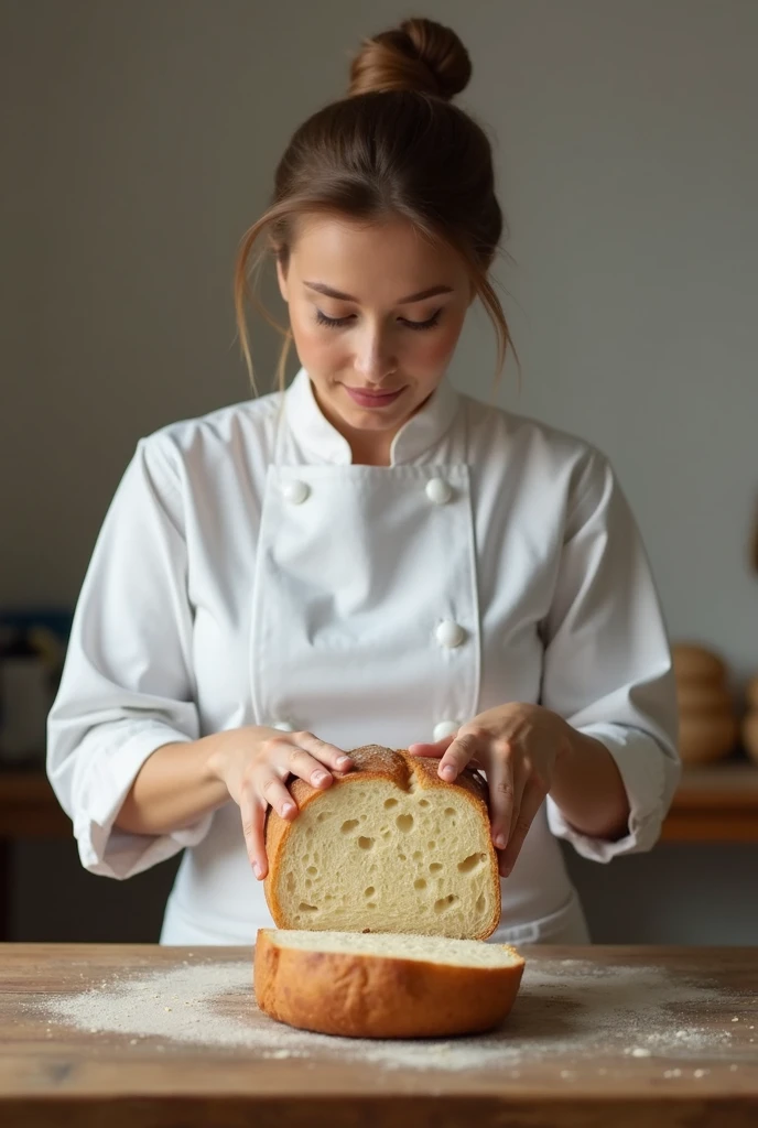 Woman dressed in white baker's uniform opening a crustless loaf of bread on a table