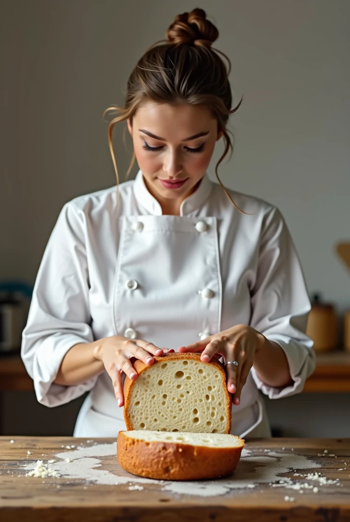 Woman dressed in white baker&#39;s uniform opening a crustless loaf of bread on a table