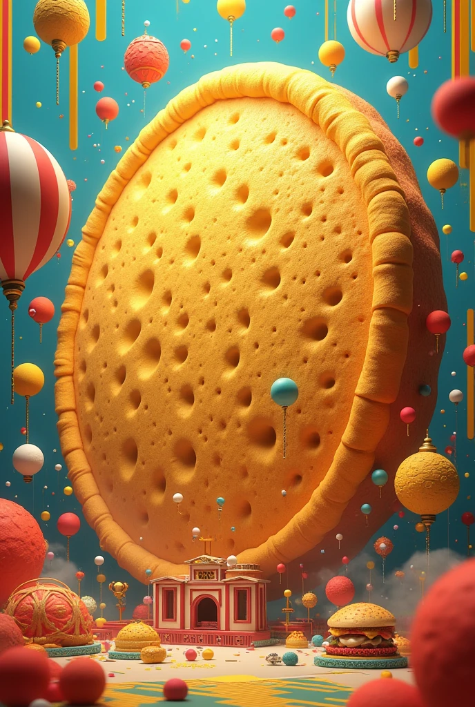 Act as an expert graphic designer and create an image of a giant arepa to celebrate World Arepa Day in a creative and disruptive way