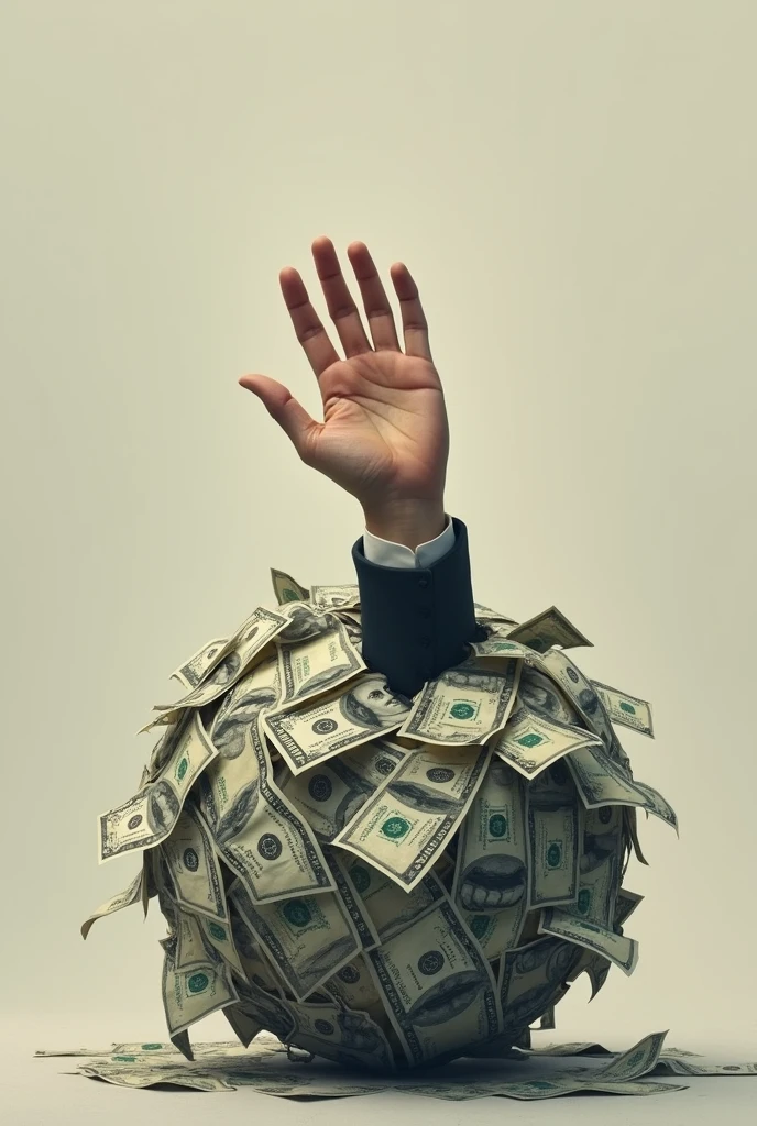 A ball of bills with a human hand of an executive coming out as if asking for help, showing that he is sinking in debt