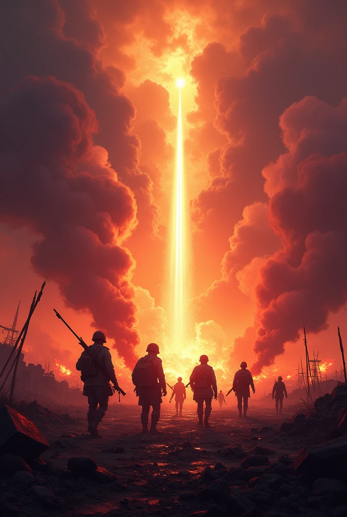 Create a dynamic and intense scene representing the chaos and evil on earth, with a focus on vivid lighting and vibrant colors. The foreground should depict a battlefield filled with craters, broken weapons, and desolate landscapes. Include smoke and fire rising dramatically from the ground, with the sky above swirling in rich, dark clouds infused with deep reds, oranges, and purples, creating a visually striking contrast. Silhouettes of soldiers clashing can be seen in the distance, their figures slightly blurred, but illuminated by the fiery glow of the battlefield. In the midst of the destruction, show a radiant beam of light piercing through the dark clouds, symbolizing hope and salvation amid the chaos. The scene should have a balance between dark elements and bright, intense lighting, with a cinematic feel that mirrors the vibrancy and luminosity seen in the previous images.