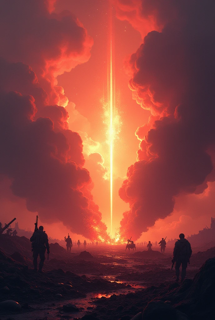 Create a dynamic and intense scene representing the chaos and evil on earth, with a focus on vivid lighting and vibrant colors. The foreground should depict a battlefield filled with craters, broken weapons, and desolate landscapes. Include smoke and fire rising dramatically from the ground, with the sky above swirling in rich, dark clouds infused with deep reds, oranges, and purples, creating a visually striking contrast. Silhouettes of soldiers clashing can be seen in the distance, their figures slightly blurred, but illuminated by the fiery glow of the battlefield. In the midst of the destruction, show a radiant beam of light piercing through the dark clouds, symbolizing hope and salvation amid the chaos. The scene should have a balance between dark elements and bright, intense lighting, with a cinematic feel that mirrors the vibrancy and luminosity seen in the previous images.

