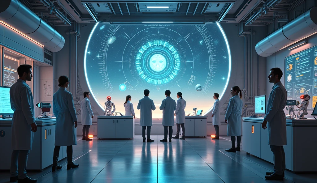 A futuristic AI lab with robots and advanced technology interacting with humans. The scene should be high-tech and dynamic, reflecting the potential for AI advancements influenced by astrological changes. --ar 16:9
