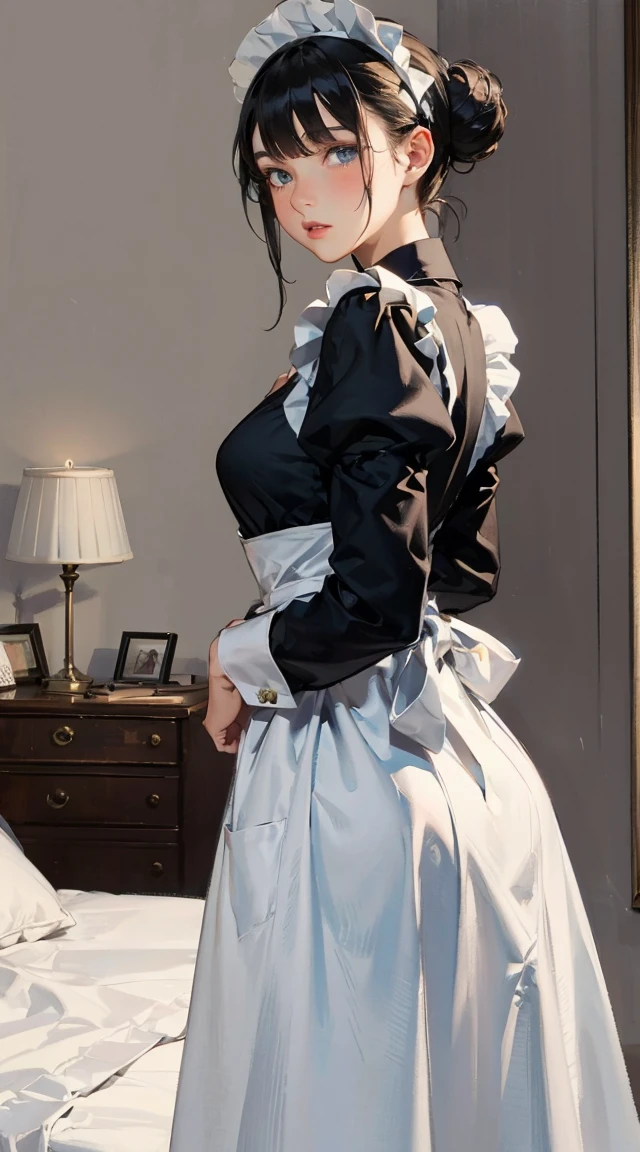 a drawing of a woman in a maid uniform standing in a bedroom dressed in full cleaning gear, 1girl, solo, blue eyes, maid headdress, maid, blush, looking at viewer, black hair, indoors, apron, lamp, breasts, long sleeves, hair bun, puffy sleeves, dress, juliet sleeves, bed, maid apron, bangs, black dress, on bed, parted lips , (best quality, masterpiece, ultra-detailed, illustration:1.2),(8K wallpaper),(beautiful detailed eyes:1.2), beautiful, amazing, detailed eyes, (detailed skin),Pastel color