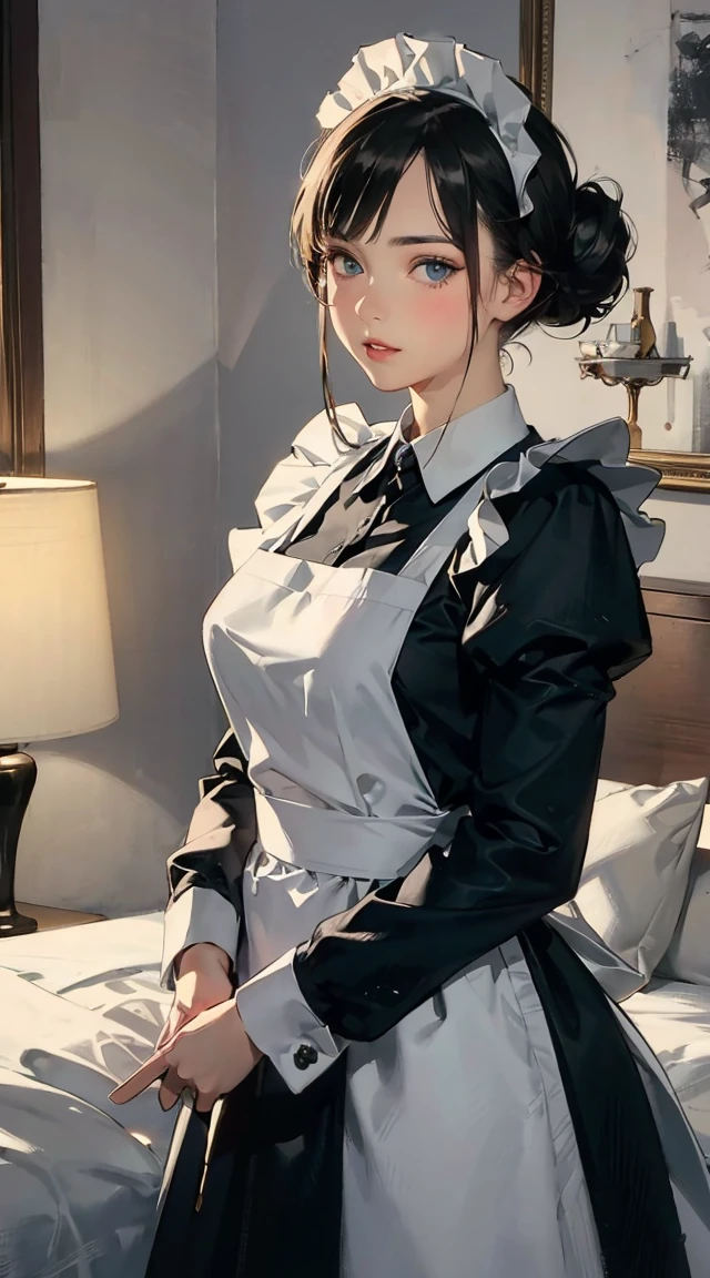 a drawing of a woman in a maid uniform standing in a bedroom dressed in full cleaning gear, 1girl, solo, blue eyes, maid headdress, maid, blush, looking at viewer, black hair, indoors, apron, lamp, breasts, long sleeves, hair bun, puffy sleeves, dress, juliet sleeves, bed, maid apron, bangs, black dress, on bed, parted lips , (best quality, masterpiece, ultra-detailed, illustration:1.2),(8K wallpaper),(beautiful detailed eyes:1.2), beautiful, amazing, detailed eyes, (detailed skin),Pastel color