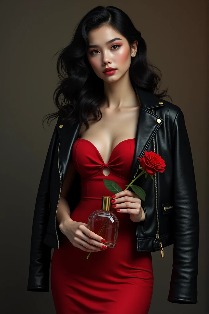 Girl in red and black with a rose and perfume in her hand