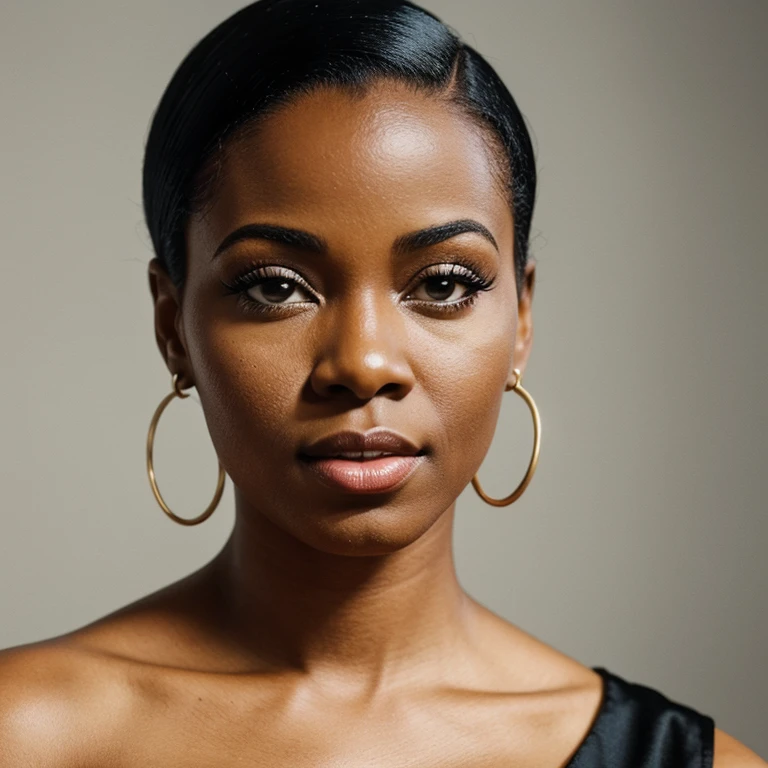 Create a 1950s jazz album cover style portrait featuring an African American female jazz musician. Focus on a close-up shot with a direct gaze at the camera, highlighting her charismatic expression. She is wearing a tight little black dress, and the image employs a white background for simplicity. Produce the image in a deliberately blurry or silk-screen style to evoke a retro feel. Avoid including any text elements in the design.