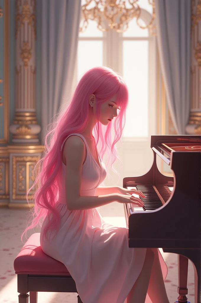 pink hair,light pink eyes,play the grand piano