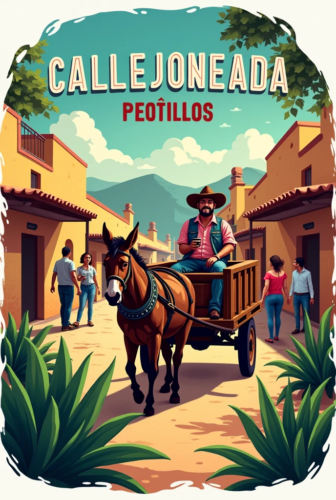 A logo with a Mexican village style with a donkey in a cart, maguey and tequila that says CALLEJONEADA PEOTILLOS 2024 Highlighting tequila and alvo drinks, Highlighting people in the background drinking alcoholic beverages 