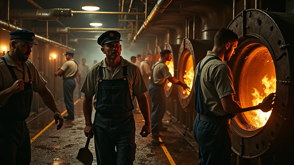 Captivating and cinematic image, IN THE HOLD OF THE SHIP MADE IN ENGLAND IN 1912 THE TITANIC ,ENGINEERS WORK IN ENGINE ROOM TO CONTAIN TITANIC FIRE, THE BOILERS ARE BURNING IN FLAMES, men work to put out a large fire coming from the boilers, year of 1912 with Star Line clothes working in denim overalls, to contain fire in coal deposit. they throw buckets of water and have shovels in their hands