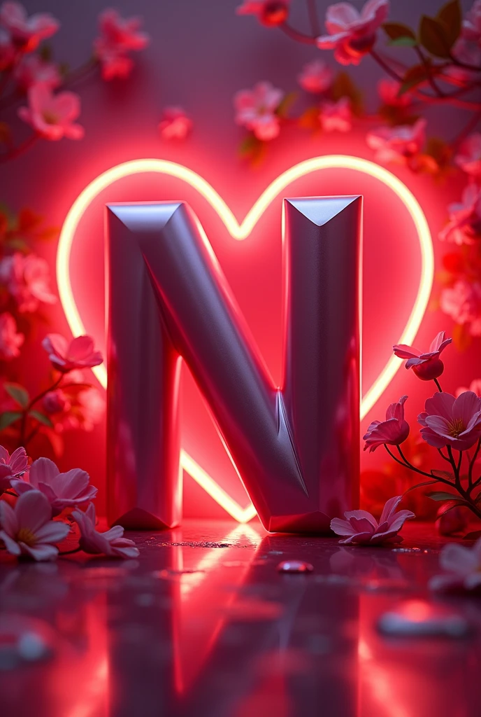 Create a realistic 3d image of letter "Nisha" in style bold font, love background, neon . Capital letter. Fluet on letters