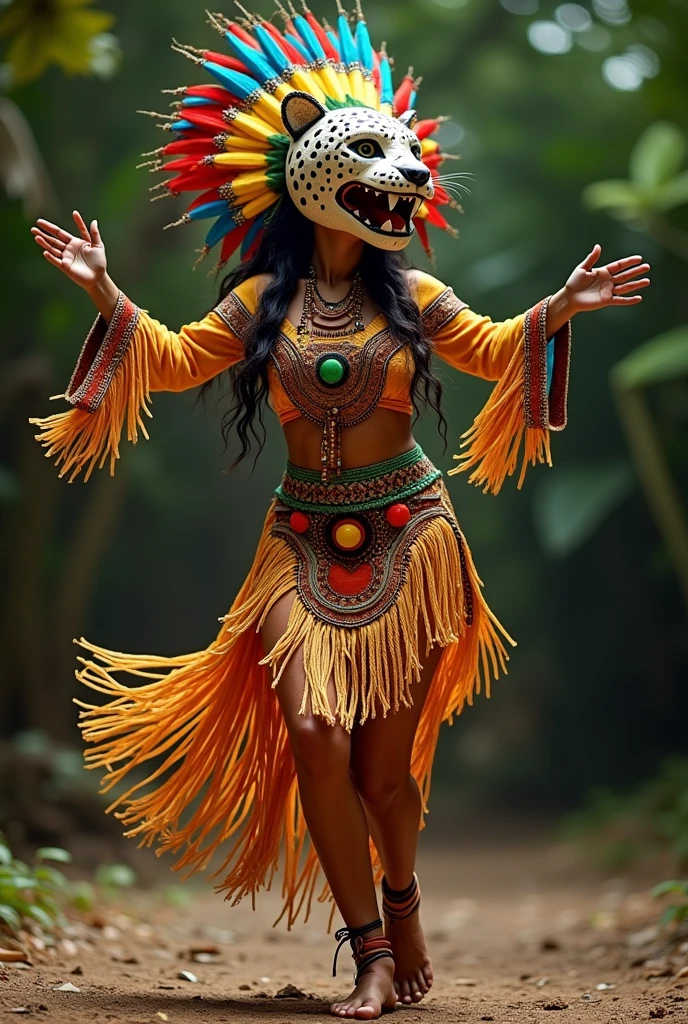 PERSON DRESSED IN HISTLE MECATE CLOTHING TYPE FEATHERS DANCING WEARING A JAGUAR MASK WITH OPEN MOUTH AND OPEN ARMS  
 
