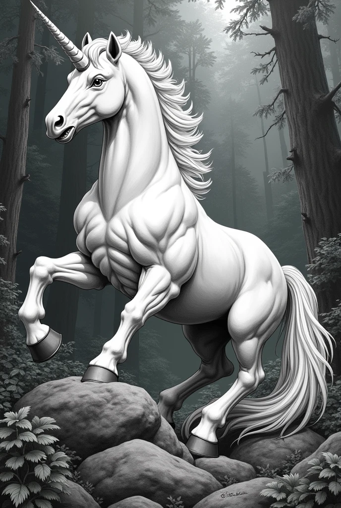 (white unicorn) animal, muscular,((forest)),intimidating look,shiny hair,big chest,sitting with legs open on a rock,pen