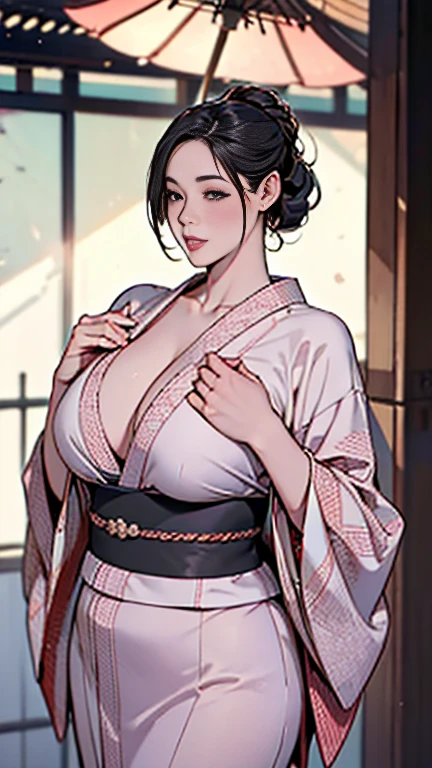 1，Japanese hairstyle，Photorealism，detailed，masterpiece，mature，((full))， (Broad shoulders), ((Huge))，Plus size mature women，expensive，30 years old，Pretty face, (Plump woman)，Beautiful long-sleeved kimono，kimono，Hold your chest with both hands:1，high quality，Are standing，High Resolution 4K Information,Kyoto,
