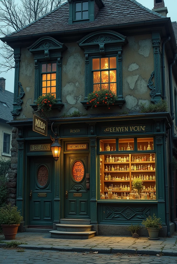 Create another image of the facade of this place The Old Witch's Pharmacy A store full of potion bottles, rare herbs, and magical artifacts. The Dona, Madame Hela, She is a witch who has known ancient times and sells both protective and curse spells..Curiosidade: There is a mirror at the back of the store that, Segundo a lenda, reveals the true destiny of those who look into it. however, no one dares to look at him for long, fearing what he might see. small town.