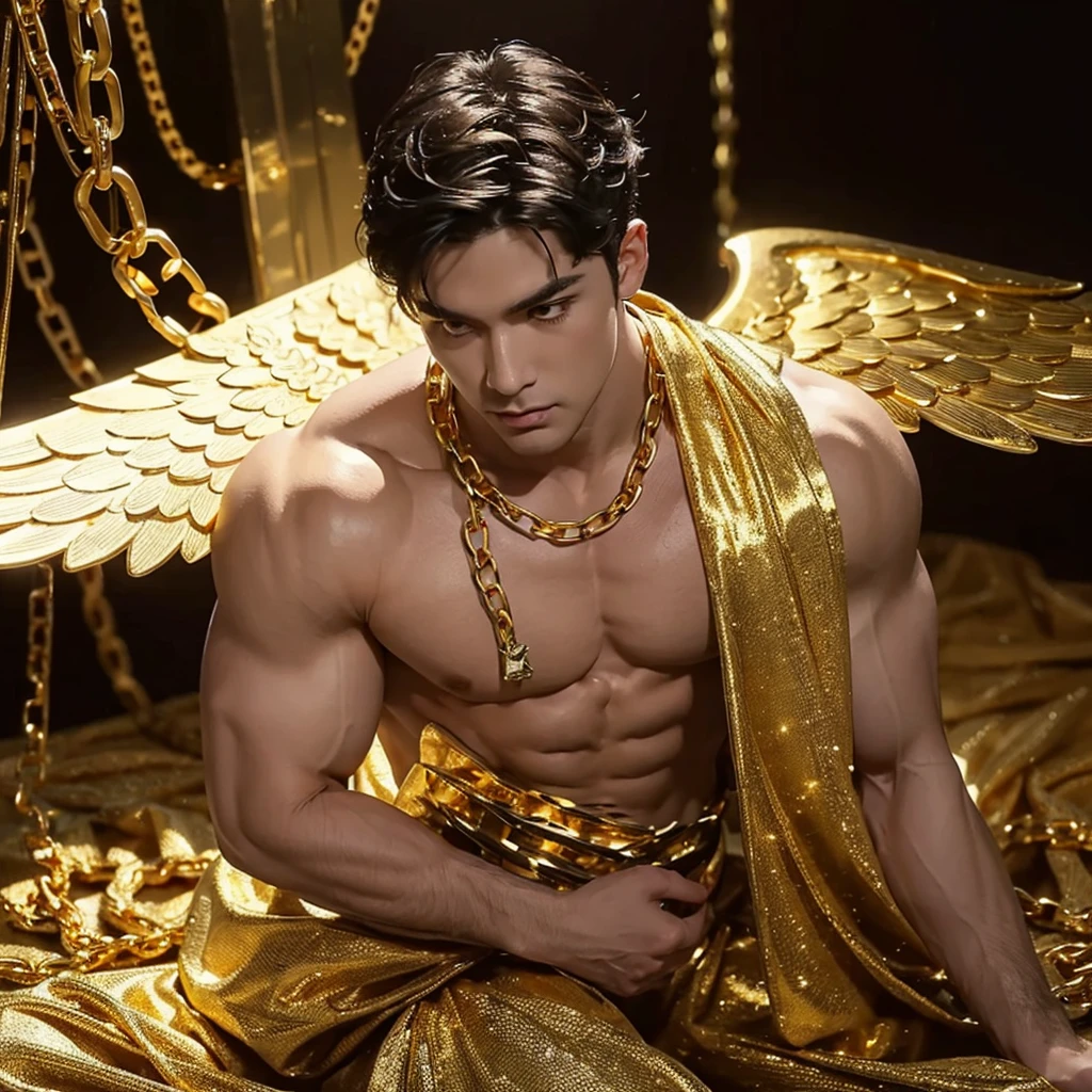 A muscular handsome man is knelt down on knees in a darkest place, a white cloth on his shoulders and back, under which you can see his extremely muscular body, perfect body, large chest, largest pectorals, big nipples, well-defined abs, golden shiny skin, the emphasis is on the male body. Sexy gaze, (looking at the viewers romantically), sexy posture, above his head is a golden halo, he is bathed in golden sacred light coming from above, (((a gold crown on his head, his body is chained with gold chains, gold finger rings, hands are knotted with golden chains at back, two angelic golden wings on his back))), (A Voluptuous golden brief with a band of gold with sparkling gemstones, (bulge: 1.2)). He has short black hair. This scene looks like something out of the realm of fantasy or legend seen from above, (full body view),