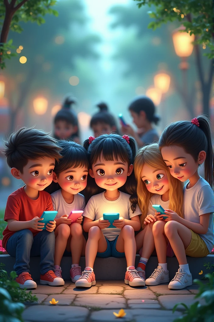 Create an image about children with cell phones