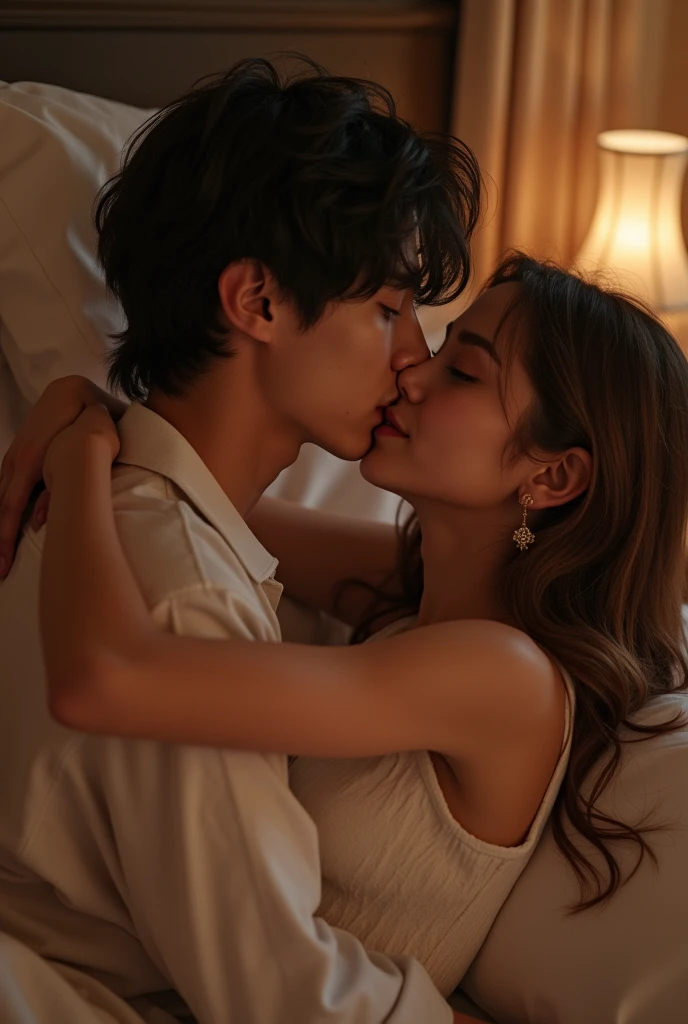 Jungkook, a Korean boy who is part of BTS, kissing Luiza intensely, a girl with fair skin, a sign in the corner of the mouth, with long, curly light brown hair and small lips who is Brazilian