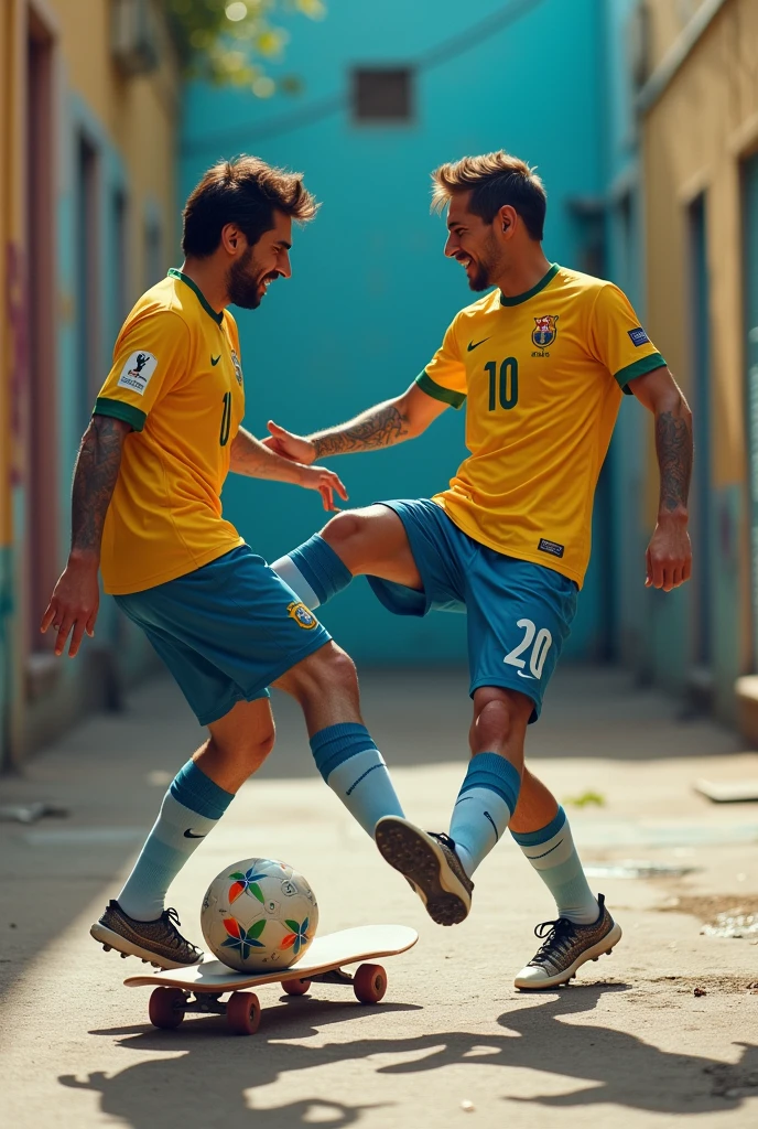 Neymar kicking Messi on a skateboard post


