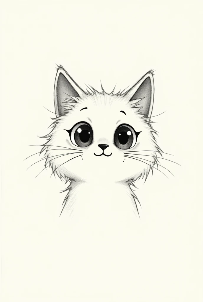 Minimalist cat face cartoon, in a single stroke, that simulates pencil drawing, with very big eyes and disheveled hair
