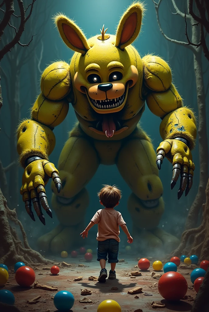 Generate me a scary fnaf sping bonnie chasing a brown-haired boy. That spring bonnie is coming out of a ball pit 