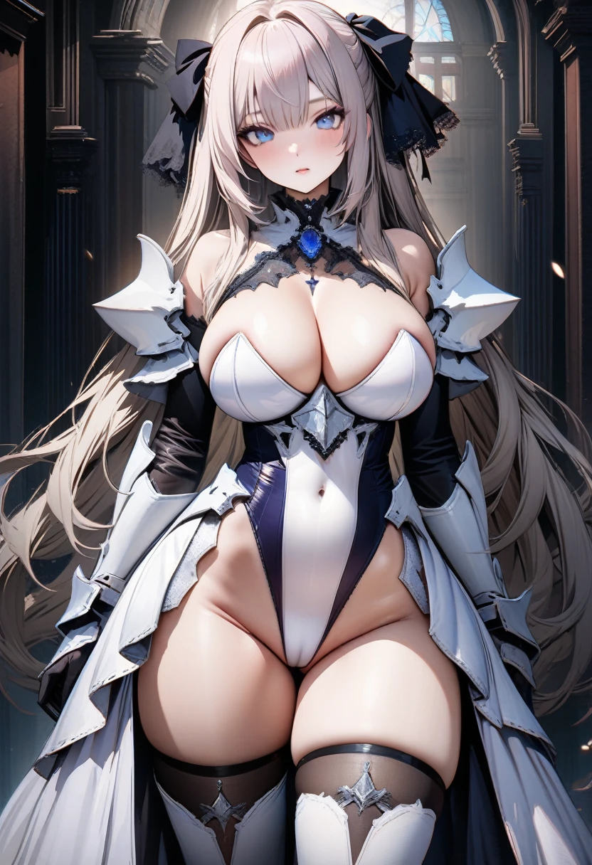 ((solo)),1girl,Azur Lane,Fantasy art,((White Paladin Armor Leotard:1.2)),((Gothic Princess Dress:1.3)),(Armored Dress:1.3),(skin-tight high leg groin area),(Skin-tight leotard),Investigator Bodystocking,platinum blonde long hair,hair ribbon,huge breasts,cleavage,Perfect and beautiful blue eyes,curvy,Thigh-high sock,perfect face,(cameltoe:0.8),((UHD)),((masterpiece)),8k,hyperrealistic,cowboy shot,anatomically correct,accurate,high quality,extremely detailed,