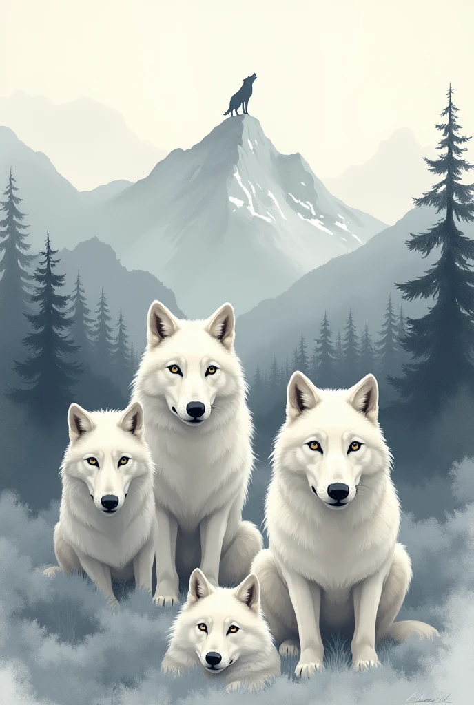  Steamless watercolor wolves in grey white with big, round eyes .in the background are mountains and trees .The background is grey with white dots.The whole is softly drawn and in earth tones.On the mountain there is a howling wolf in the background 