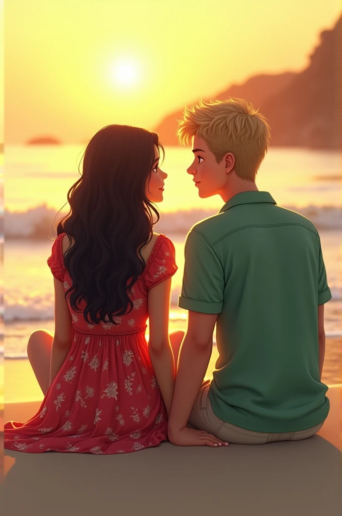 And Indian girl with light skin and wearing a red floral dress strap to her knees and with wavy hair darkest shade of brown mid length siting beside a German boy with blonde hair taller than her wearing a green linen shirt with beige shorts . The scene is on the beach they are facing there back and sitting watching the sunrise on the beach with a little laid back posture and their hands touching a little they are teenagers and sitting a 
bit apart but their hands fingers are touching . Realistic and make it seem like first love fresh teenage love summer story type looking at each other deeply 