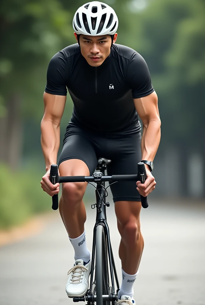 Asian,Are standing,male,Black short-sleeved sports shirt,Black undershirt,Black running shorts,Black long tights,White socks,White low-cut sneakers,White cycling helmet