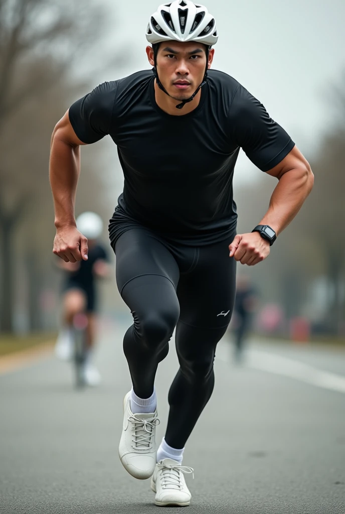 Asian,Are standing,male,Black short-sleeved sports shirt,Black undershirt,Black running shorts,Black long tights,White socks,White low-cut sneakers,White cycling helmet