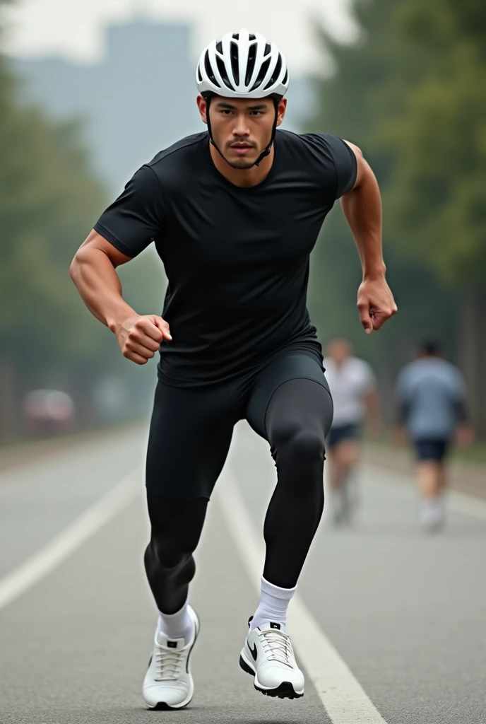 Asian,Are standing,male,Black short-sleeved sports shirt,Black undershirt,Black running shorts,Black long tights,White socks,White low-cut sneakers,White cycling helmet