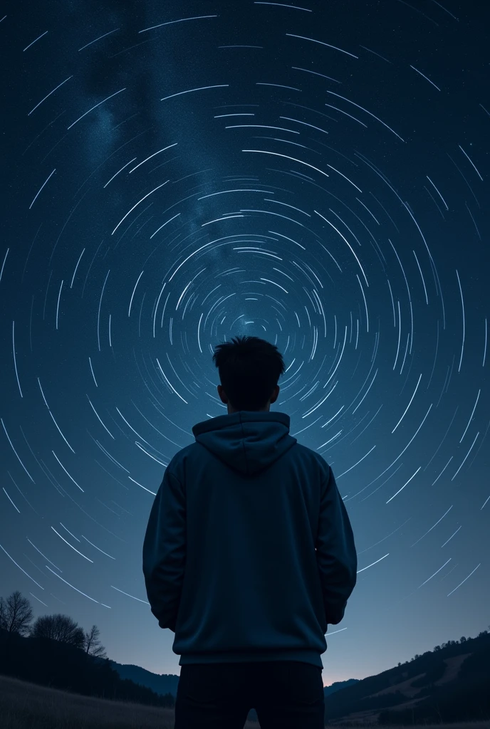 long exposure starry sky with many circular orbits, focus at stars,silhouette of a young man with his hands in her coat pockets looking up at it,golden ratio, wearing Hoodie