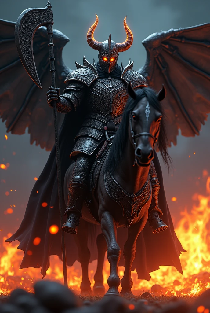  image of a knight, dark armor, Sky at night, amidst the flames holding a scythe, next to a burning horse ready to ride, very detailed armor, with horns on the helmet, your eyes exhaling flames, its cape resembles a pair of wings