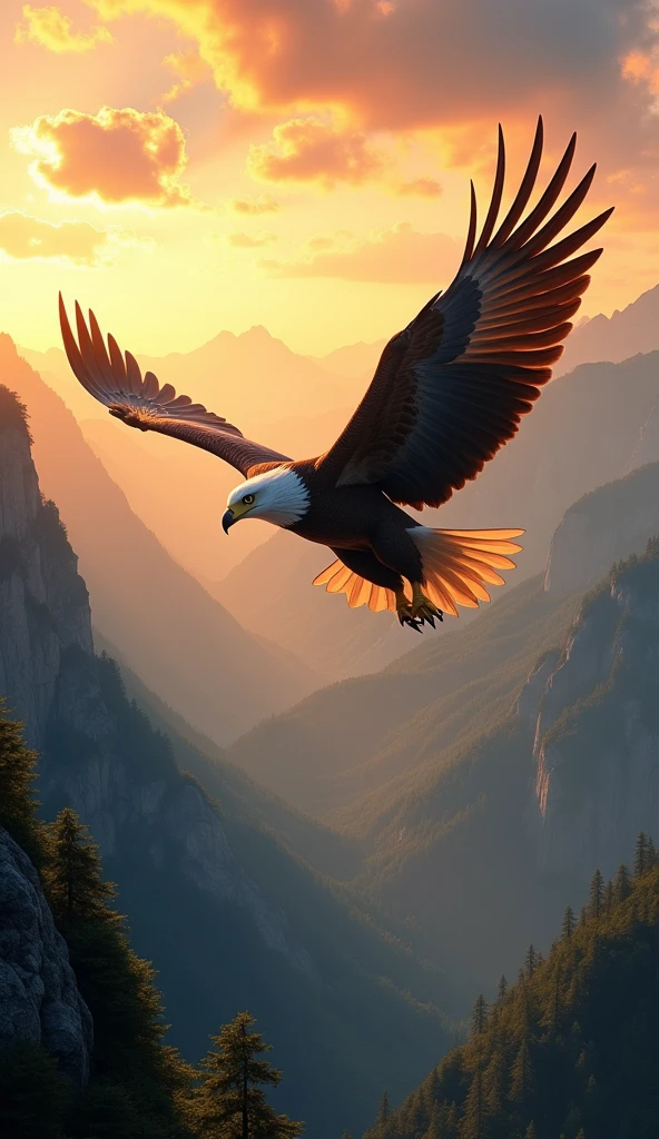 Ultrarealistic 8k Image, "A majestic eagle soaring high, com suas asas abertas, above mountains and valleys. The scene is lit by the setting sun, creating an orange and gold sky. The eagle is staring at a distant point on the horizon, with his sharp eyes, showing absolute focus. The scenery below her is vast and detailed., but the eagle is fully focused on its target ahead."