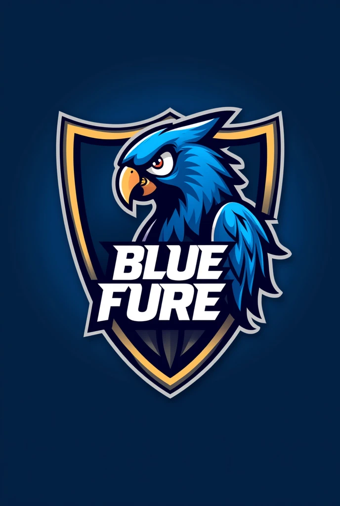 Football team shield with a blue macaw written on it "BLUE fure" write a name: no shield: BLUE fure