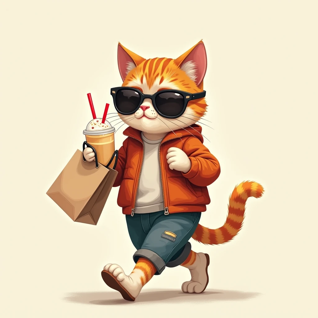 Cat walking and wearing Jacket holding milkshake and shopping bag wearing sun glasses smart lean cute cat walking 