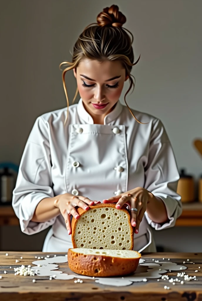 Woman dressed in white baker's uniform opening a crustless loaf of bread on a table
