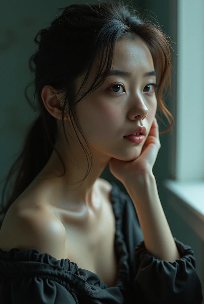 8k, top quality, masterpiece:1.2), (realistic, photo-realistic:1.37), top quality, masterpiece, beautiful young woman, pensive facial expression, thoughtful look, elegantly dressed, hair tied back, messy mood, cinematic backdrop, tired, light skin tone