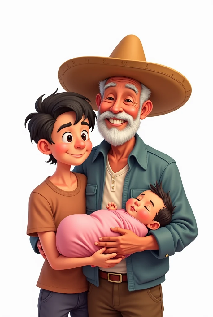 Cartoon Mexican grandfather with cap, with teenage male grandson and newborn female granddaughter in pink dress on a white background