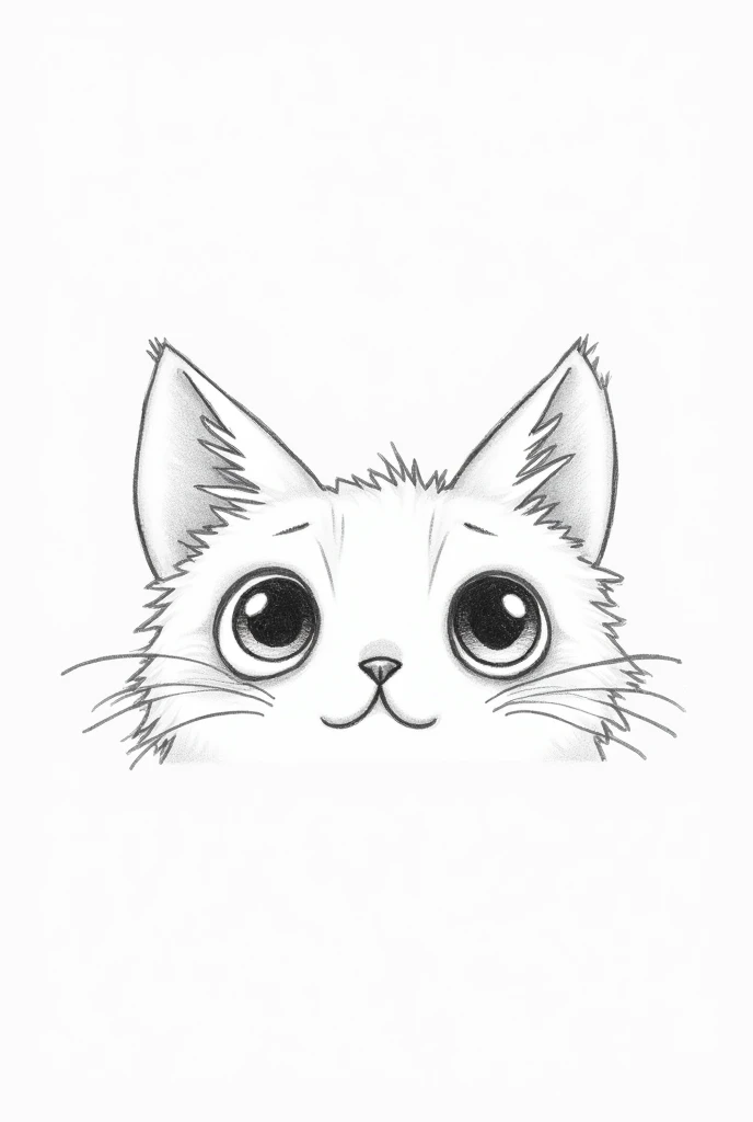 Minimalist cat face cartoon, in a single stroke, that simulates pencil drawing, with very big eyes, disheveled hair and a tired face