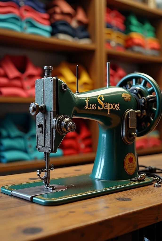 Sewing machine with the name Los Sapos and polo shirts in the background