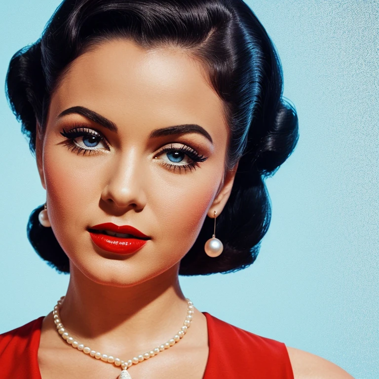 1950s jazz portrait, close-up of female singer's face, camera-facing, wearing tight little black dress, sultry expression, red lipstick, 50s pin-up hairstyle, pearl necklace, white background, slightly blurred or grainy photo quality, alternatively silkscreen print style illustration, high contrast, vibrant colors with cool blue and warm orange tones, stylized vintage look, no text or typography included