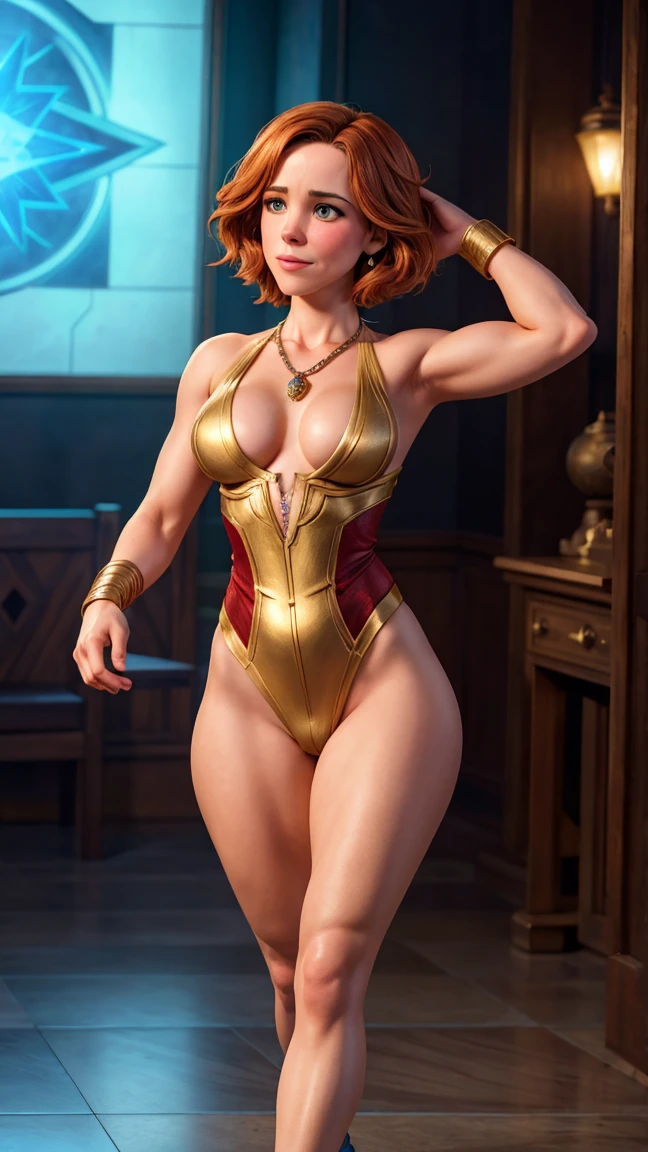 ((Rachel McAdams como Dra.. Strange Spell of Magical Execution)), wearing Dr... strange cover, wearing Eye of Agamotto necklace, large necklace, (dynamic pose), defined muscles, Red hair, athletic build, tight costume, Very beauthful, ((sexly, small natural breast, neckleace, pinching, camel toe)), (highly detailed skin: 1.2), serious face, beautiful face, highly detailed skin, skin pore, (high-detailed face:1.1), (highly-detailed eyes:1.1), realisitic pupils, full-face blush, fleshy lips, (Perfect Anatomia:1.1), (perfect proportions:1.1), (fot:1.1), (photorealisitic:1.1), volumetric lighting, dynamic lighting, real shadows, (high resolution:1.1), sharp focus, (realisitic, hyperrealisitic:1.4), intrikate, high détail, Dramatic, underground dispersal, vivid, polished, Spitz, 35mm, 8k