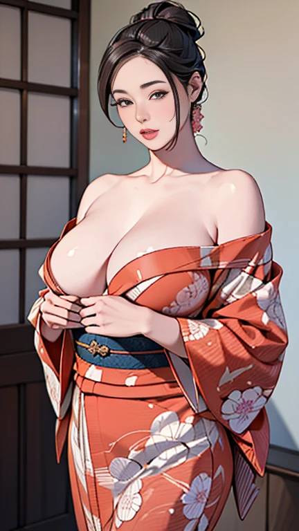 1，Japanese hairstyle，Photorealism，detailed，masterpiece，mature，((full))， (Broad shoulders), ((Huge))，Plus size mature women，expensive，30 years old，Pretty face, (Plump woman)，Beautiful long-sleeved kimono，kimono，Hold your chest with both hands:1，high quality，Are standing，High Resolution 4K Information,Kyoto,
