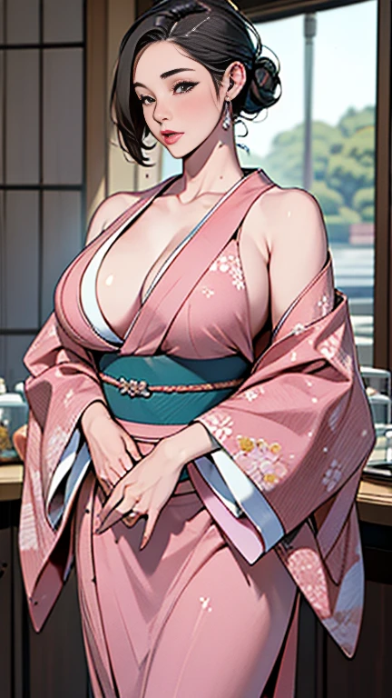 1，Japanese hairstyle，Photorealism，detailed，masterpiece，mature，((full))， (Broad shoulders), ((Huge))，Plus size mature women，expensive，30 years old，Pretty face, (Plump woman)，Beautiful long-sleeved kimono，kimono，Hold your chest with both hands:1，high quality，Are standing，High Resolution 4K Information,Kyoto,
