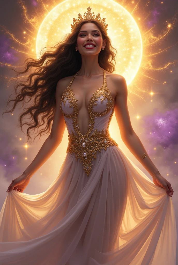 Goddess with crown, dark brown hair, dark brown eyes, White skin, Voluminous bust and rear, with golden and purple aura, with a dress, with crystals, full body and happy