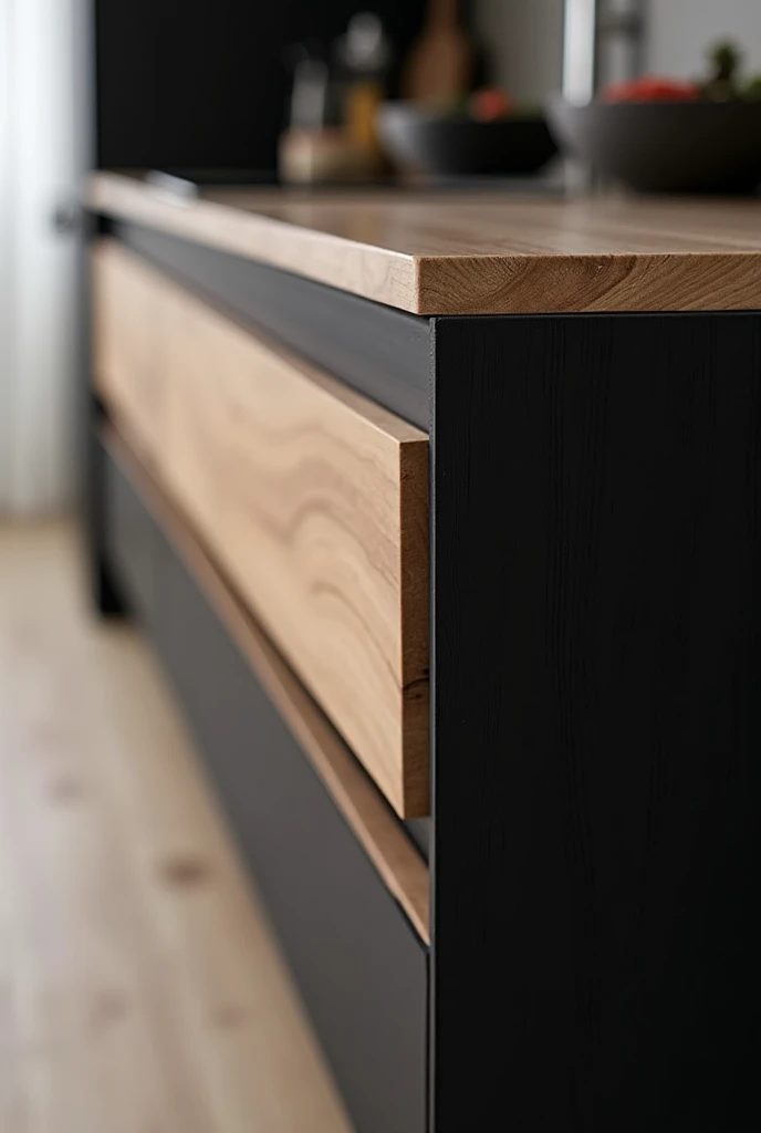 A detail image of exclusive custom furniture in black MDF and wood-effect MDF in a modern, minimalist kitchen, that is very close to the furniture, almost in zoom